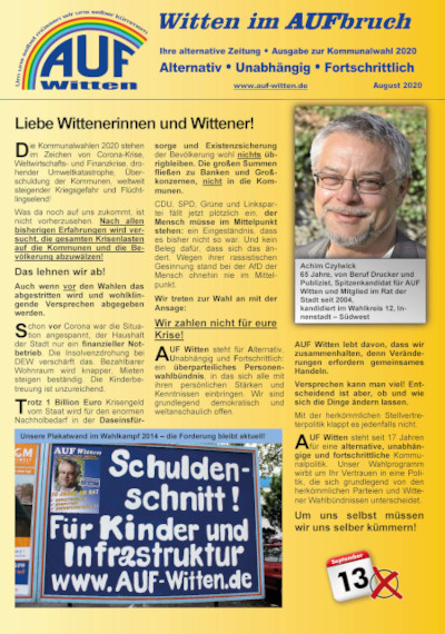 Wahlzeitung von AUF Witten zur Kommunalwahl 2020: Mit allen Kandidaten im Überblick