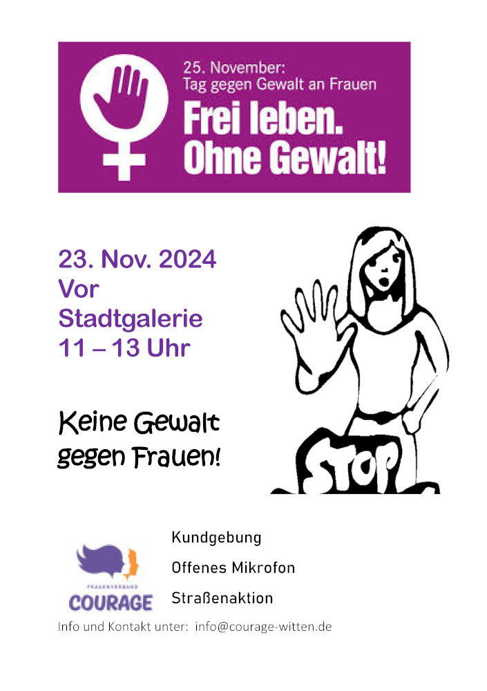 Kundgebung zum Tag gegen Gewalt an Frauen am 23.11.2024 um 11 Uhr auf dem Platz vor der Stadtgalerie