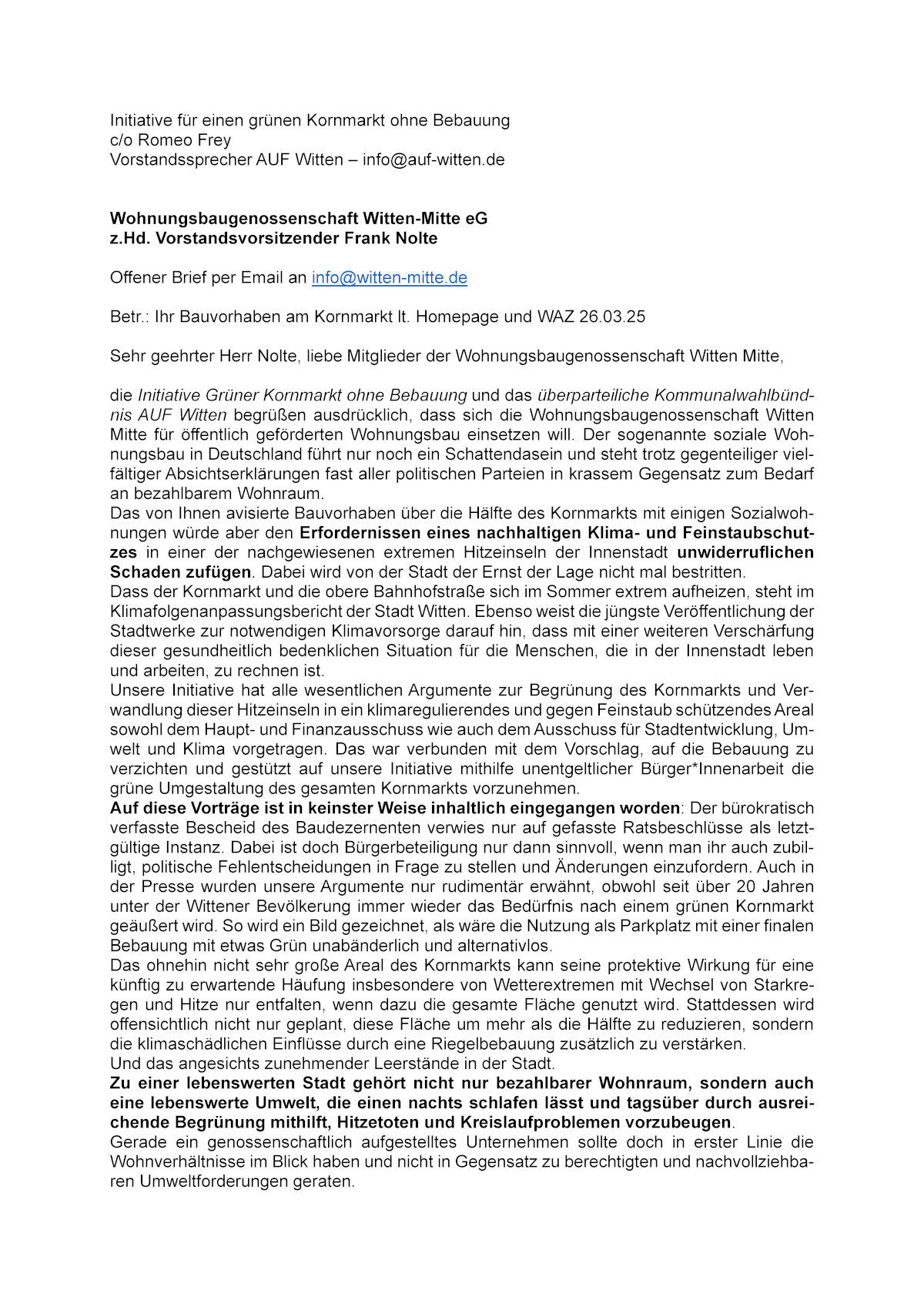 Offener Brief für einen grünen Kornmarkt ohne Bebauung an die WoBauGen Witten Mitte