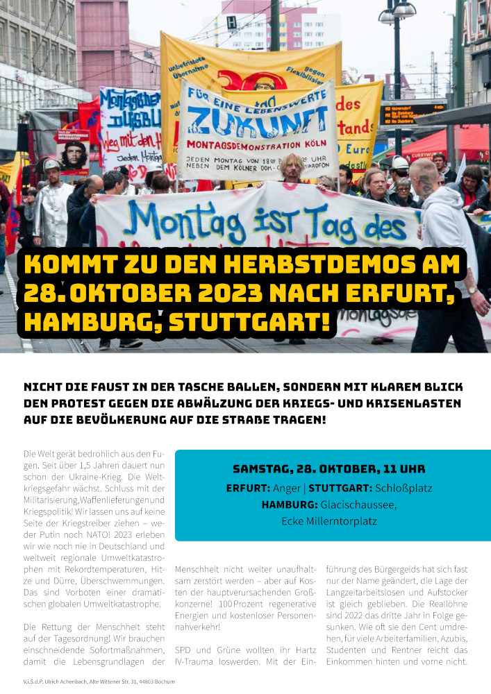 Aufruf zu den Herbstdemos der bundesweiten Montagsdemobewegung am 28. Oktober 2023 in Erfurt, Hamburg und Stuttgart - Anklicken um den kompletten Aufruf zu lesen!